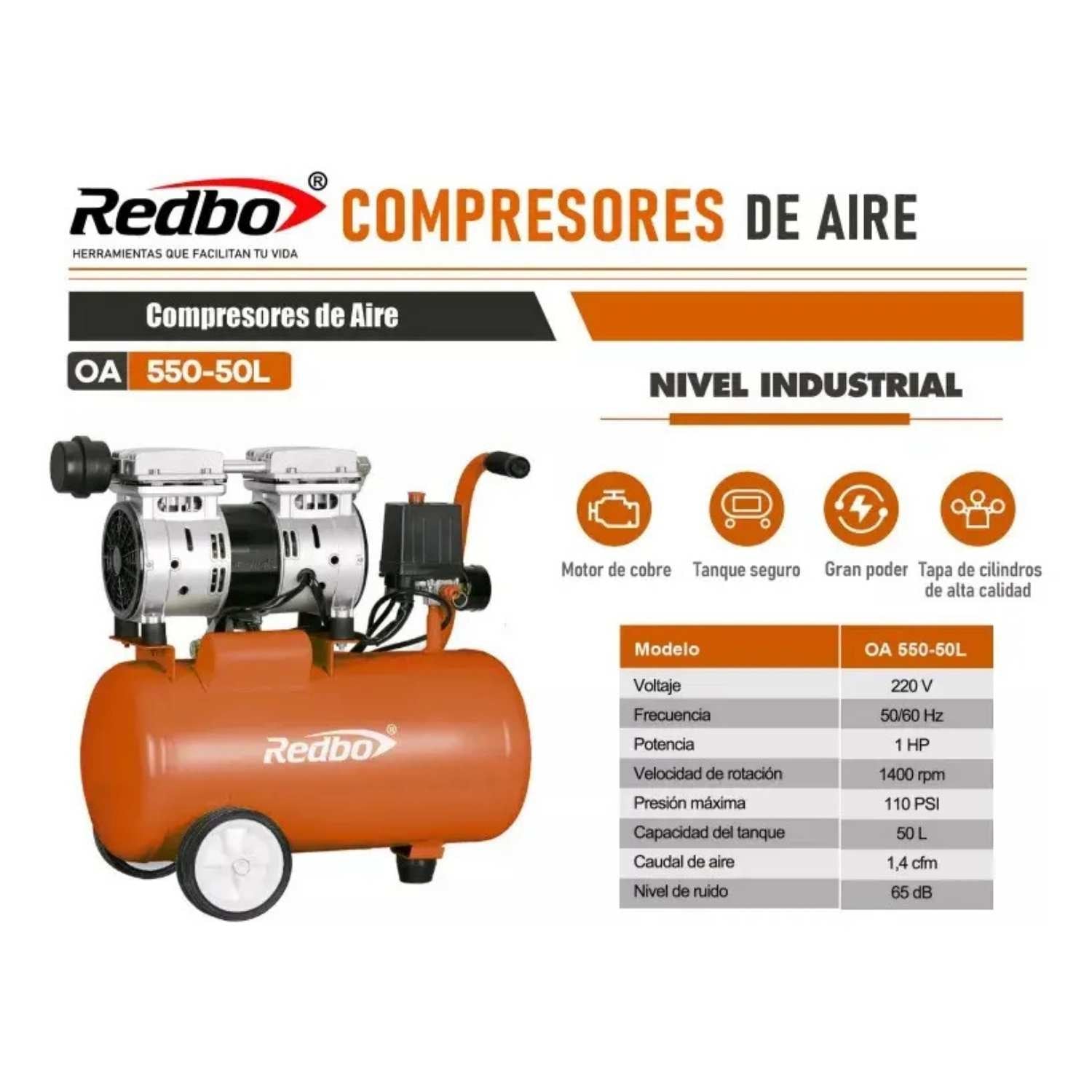 Compresor de Aire Redbo OA 550-50L 50 Litros 1HP 110 PSI