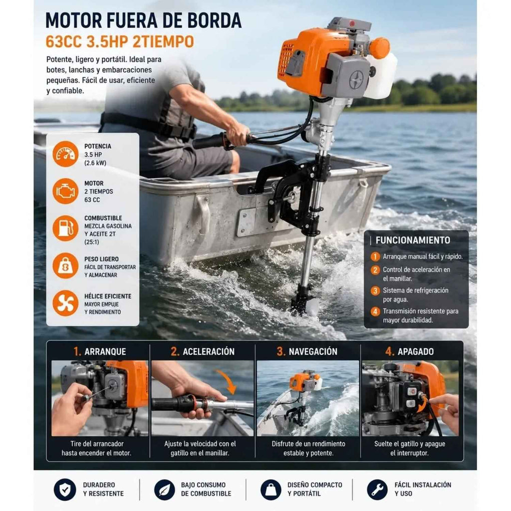 Motor Fuera de Borda 63cc 3.5 HP 2 Tiempos con Pata Regulable