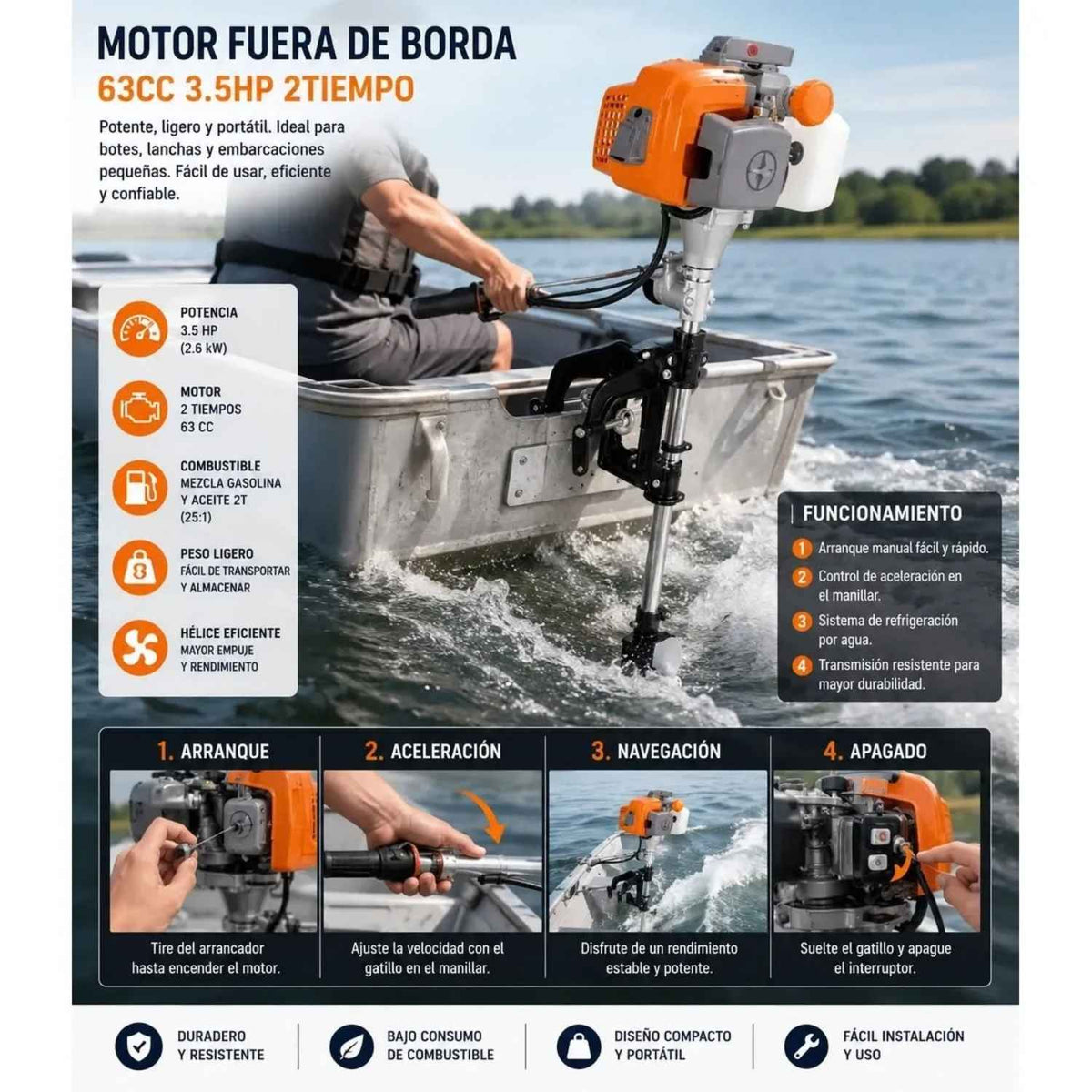 Motor Fuera de Borda 63cc 3.5 HP 2 Tiempos con Pata Regulable